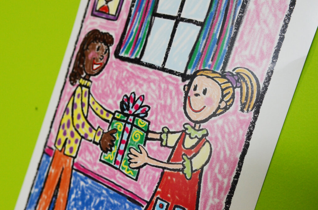 Drawing of two children passing over a gift