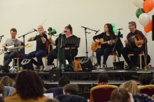 Musicians performing on stage with the guitar, the fiddle and the flute.