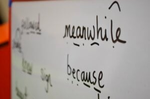 Examples of conjunctions written on a whiteboard.