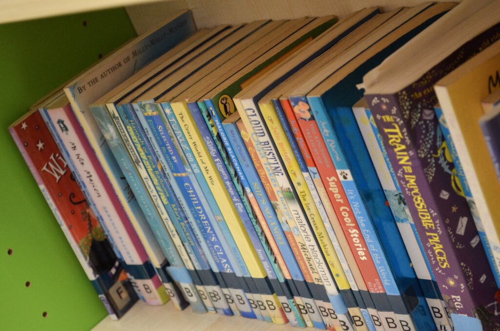 Children's books lined on a shelf.