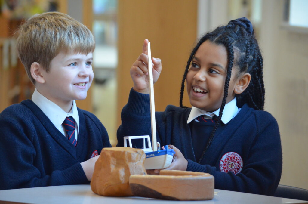 Two children playing in school.