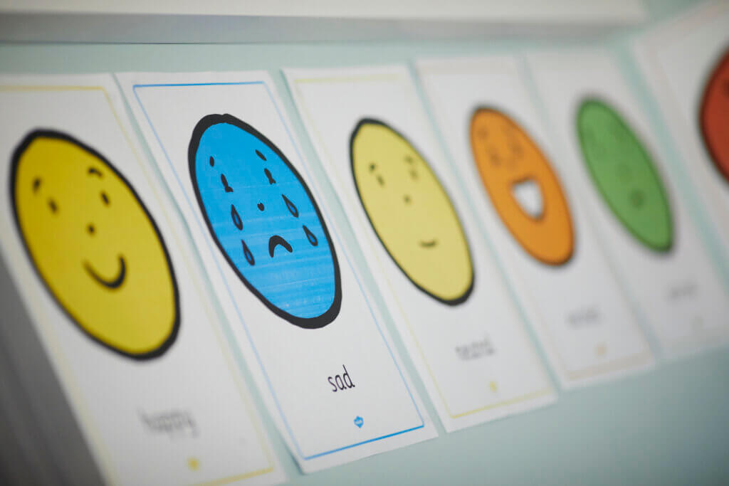 Smiley faces to represent different emotions, including happy, sad, and others.