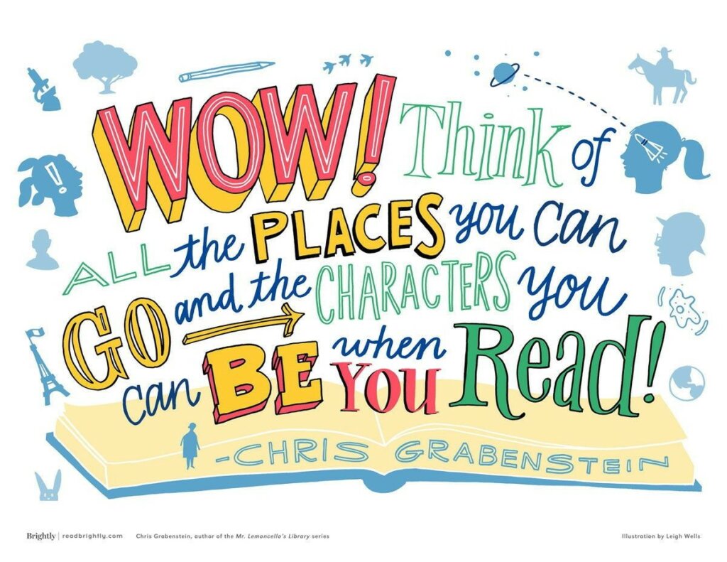 An illustration of a book surrounded by words that celebrate the adventure of reading.