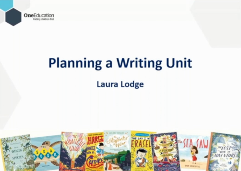 A slide with the header planning a writing unit, illustrated with books.