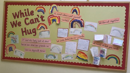 A classroom display featuring rainbows, celebrating friendship during lockdown.