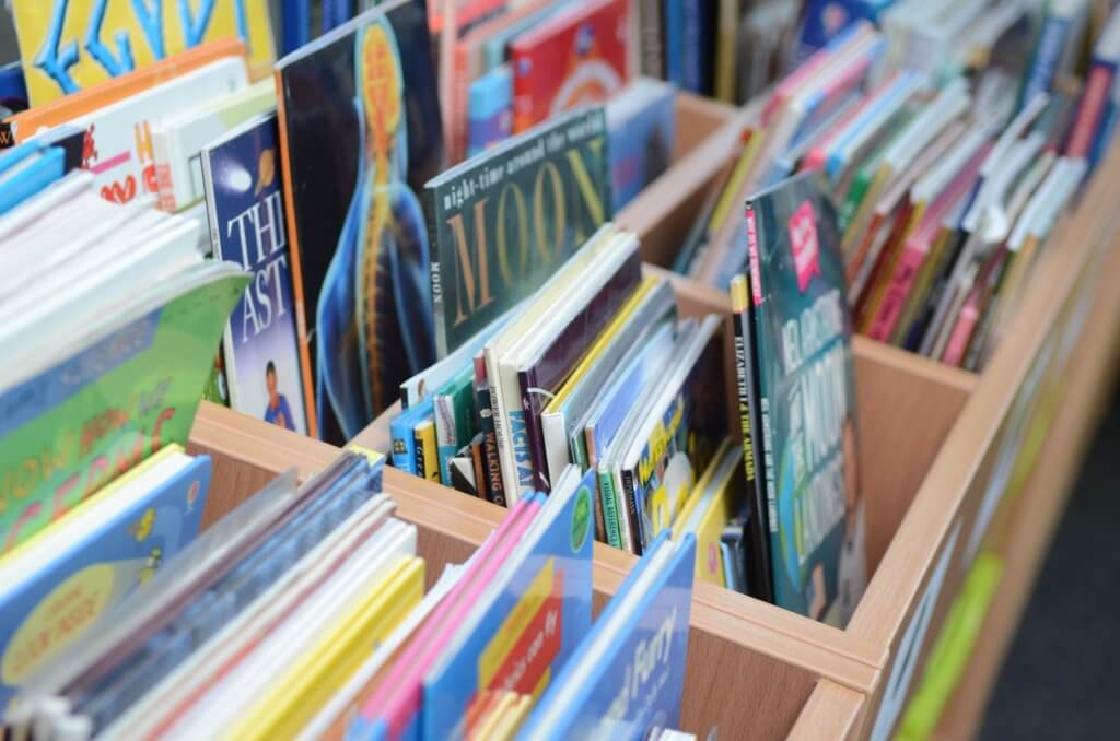 Children's books stacked in a bookcase.