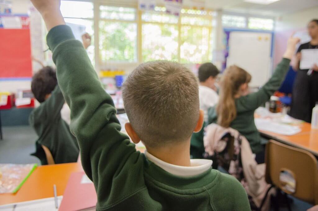 A schoolboy raising his hand in the classroom.