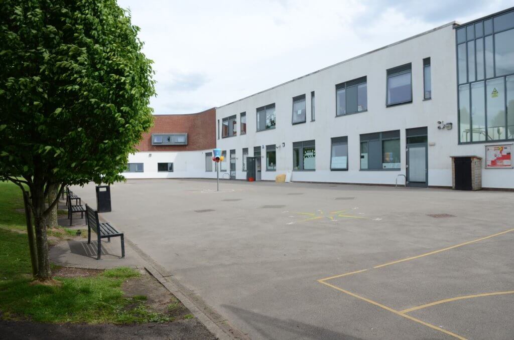 A school building and playground.