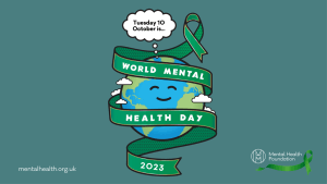 A cartoon earth surrounded by a banner for World Mental Health Day.