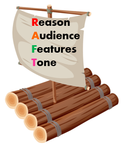 An image of a raft with the acrostic Reason, Audience, Features, Tone