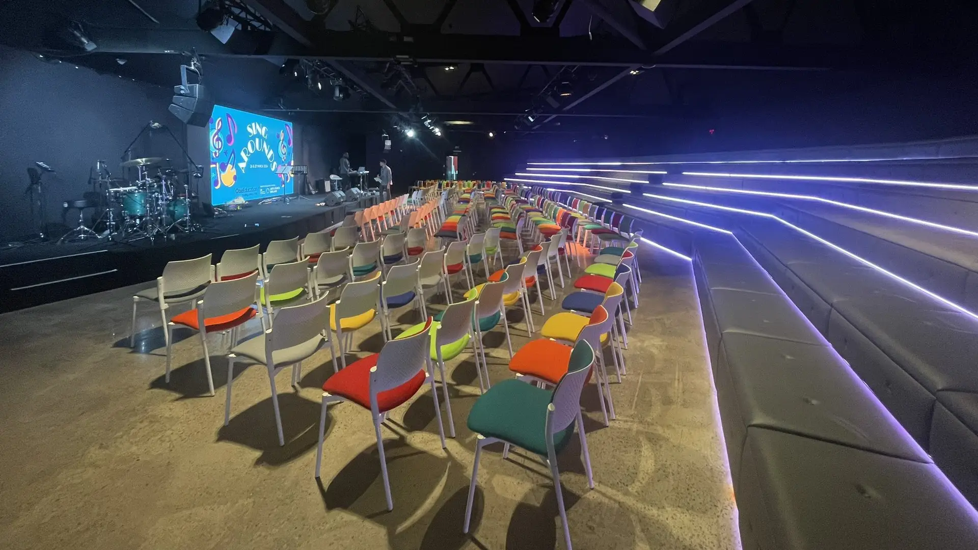 A view of the stage and seats in The Gallery music venue