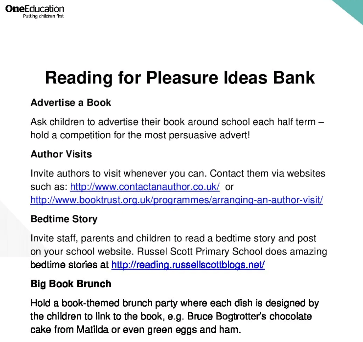 A preview of the Reading for Pleasure Ideas Resource Bank.