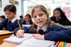pupil holds pencil white writing